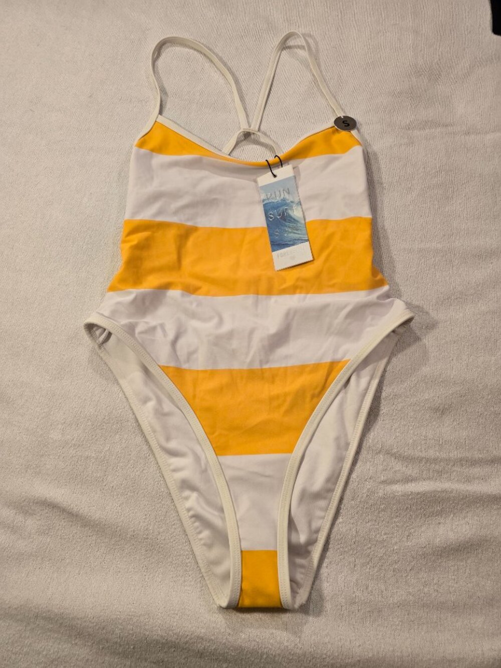 Forever 21 Mustard Yellow White Striped One Piece Swimsuit NWT Small UPF 50+